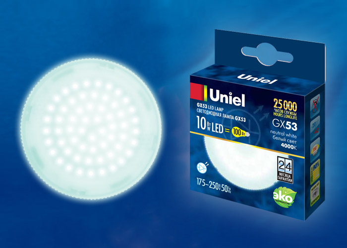 LED-GX53-10W/NW/GX53/FR PLZ01WH Лампа светодиодная, матовая. Белый свет (4000K). Картон. ТМ Uniel